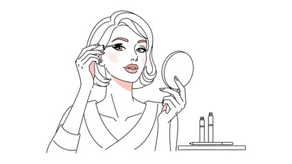 A young woman with styled hair and makeup looks into a handheld mirror while applying earrings preparing for a special occasion