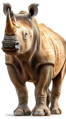 Fototapeta premium A large rhinoceros standing facing forward with an imposing horn