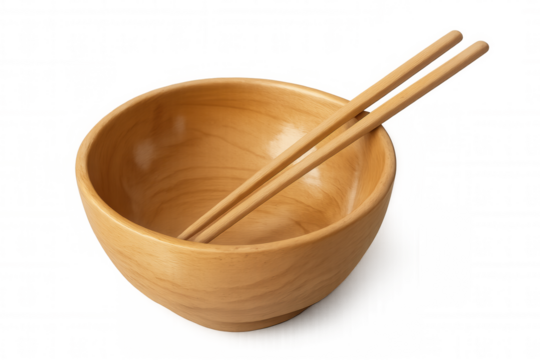 Wooden bowl with chopsticks, highlighting minimalist dining setup against clean, transparent surface