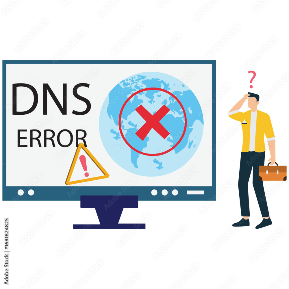 Aufkleber illustration of a man standing next to a computer screen displaying a dns error message, isolated on