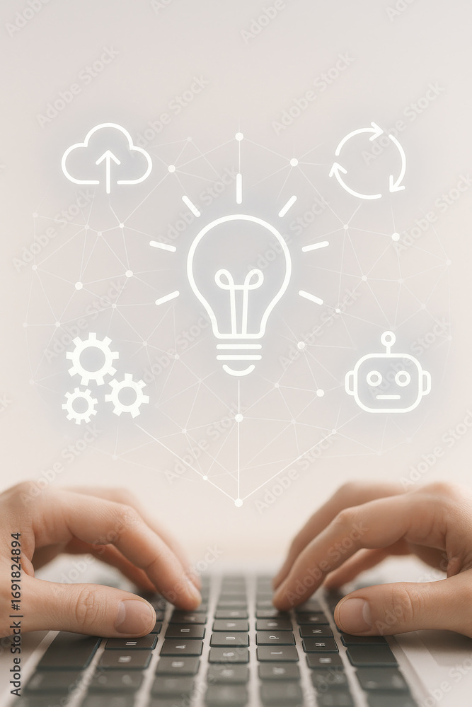 Poster hands typing on keyboard with technology icons representing innovation and automation