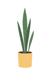 Sansevieria houseplant with tall green leaves. Snakeplant in a modern yellow ceramic pot. Minimalist indoor plant design, perfect for decor, posters, and clipart. Flat vector illustration isolated 