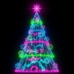 Neon Christmas Tree with Star and Ornaments