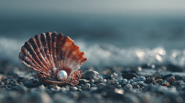 A beautiful seashell with a lustrous pearl rests on a pebbly shore, sparkling against a soft, blurred ocean background.