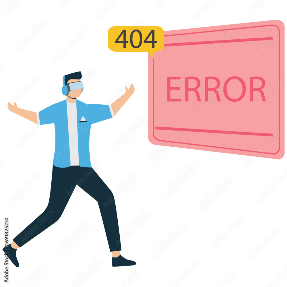 Poster a person wearing a vr headset reacts to a 404 error message on a screen, isolated on white backgroun