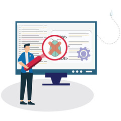 A developer is debugging code on a computer screen with a magnifying glass, searching for a bug in the software, isolated on white background