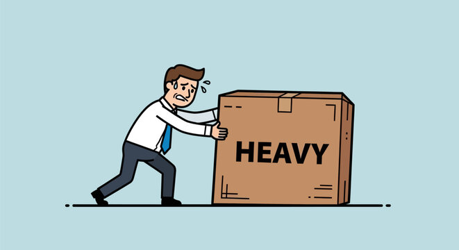 Cartoon Man Struggling to Push a Heavy Box