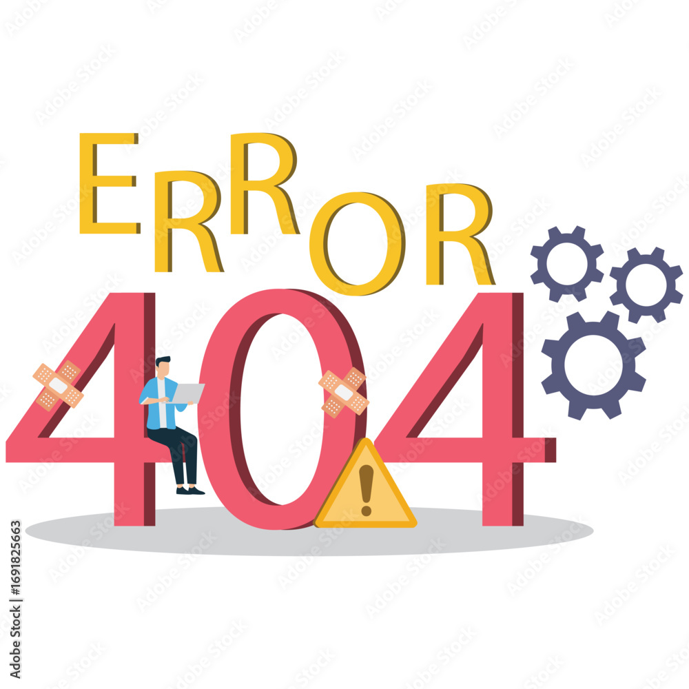 Poster illustration of a 404 error message with a man sitting on the number zero isolated on white backgrou