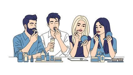 Diverse group of young adults applying makeup and skincare products together in a fun and engaging beauty tutorial or makeup application session