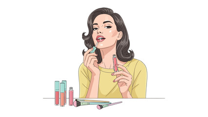 Retro styled woman with vintage hairstyle applying lip gloss from a tube with a brush for a glamorous makeup look