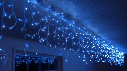 Blue string lights decoration on dark background — glowing fairy light bokeh and led garland, festive holiday party and wedding decor, abstract night backdrop with copy space for banners, posters