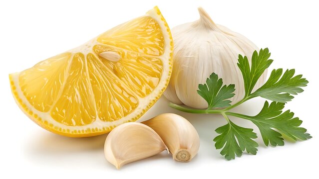 Lemon wedge, garlic bulb, garlic cloves, and parsley sprig isolated on white background for cooking or culinary use