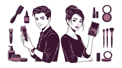 Stylish man and woman illustrating makeup application with various beauty products and tools for advertising and fashion concepts © Jannat
