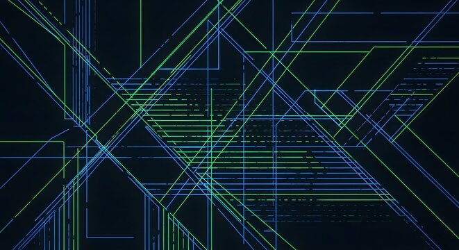 Abstract network of intersecting geometric lines and grids in blue and green tones