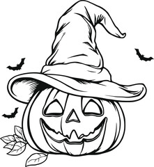 Black and white illustration of a smiling jack o lantern wearing a witch hat