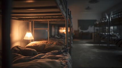 Community shelter dorm with bunk beds and glowing single lamp, muted cold-warm palette
