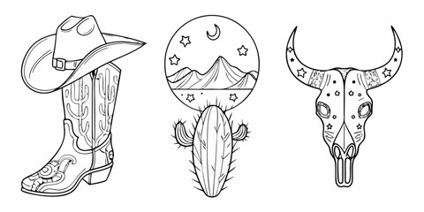 Western cowboy boot with hat cactus and bull skull with stars and moon in desert landscape