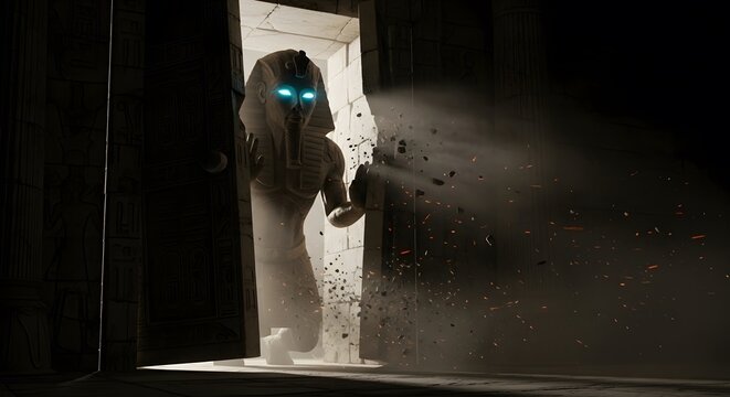 A terrifying ancient mummy with glowing blue eyes breaks out of a dark stone tomb, sending dust and debris flying.