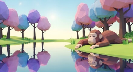 A low-poly style monkey rests peacefully by a tranquil lake with colorful, stylized trees reflected in the water under a bright sky.