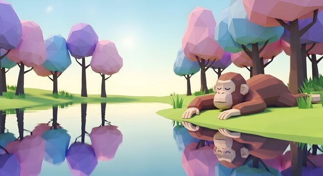 A low-poly style monkey rests peacefully by a tranquil lake with colorful, stylized trees reflected in the water under a bright sky.