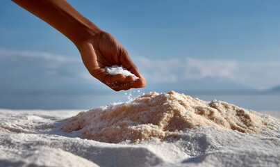  hand lifting pinch of salt from large pile of coarse sea salt extreme close