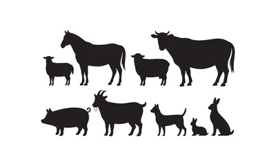Black silhouettes of farm animals and pets on white