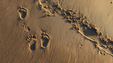 Obraz premium Footprints in the Sand on Beach at Sunset Golden Hour Lighting