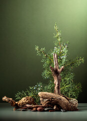 Nature scene with a composition of juniper, stones, and dry snags.