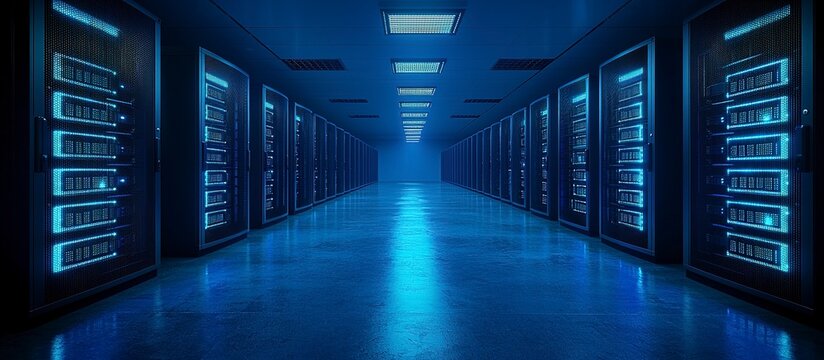 Interior of a data center showcasing several server racks arranged linearly
