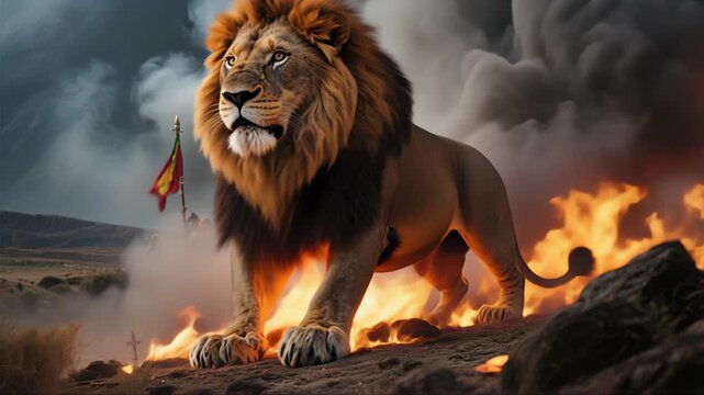 Majestic lion engulfed in flames emerges from smoke with warriors and flag symbolizing power and resilience in dramatic battle scene