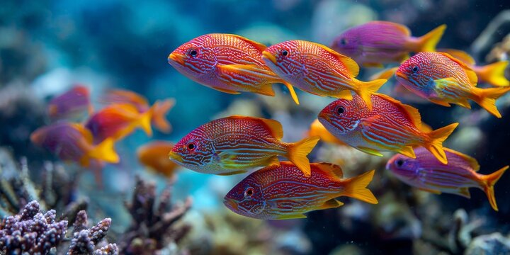 Colorful anthias fish swimming over a coral reef in the ocean