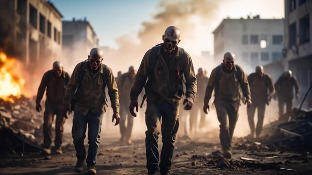 Horde of Zombies Stalking Ruined City with Post Apocalyptic, Disaster, and Smoke  Fire.