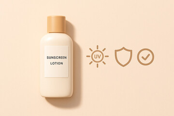Sunscreen bottle with shining sun symbol as reminder of skin care, daily beauty routine, and healthy protection from ultraviolet rays