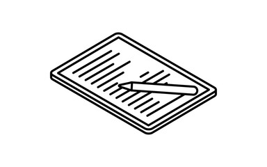 Online learning tablet with stylus pen writing text isometric simple line icon, black and white