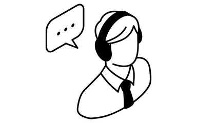 Online learning male lecturer with headphones business person isometric simple line icon, black and white