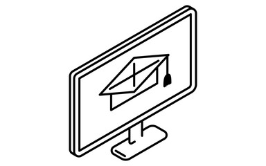 Online learning monitor with graduation cap displayed isometric simple line icon, black and white