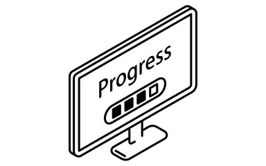 Online learning monitor with progress bar displayed isometric simple line icon, black and white