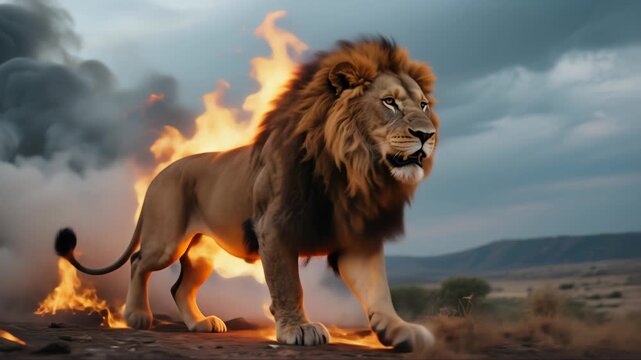 Powerful lion roars defiantly engulfed in flames and smoke, a symbol of untamed strength and resilience against adversity in a dramatic wilderness scene