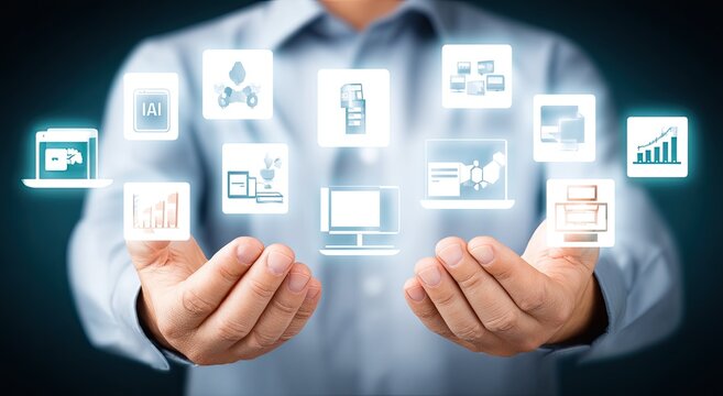 Hands holding holographic icons representing various business applications