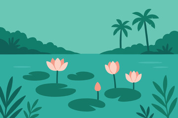 A serene tropical landscape with pink water lilies floating on a tranquil pond and palm trees in the background.