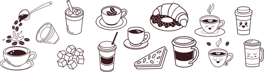 Cute coffee and breakfast doodle set with cups, mugs, sugar cubes, croissant, donut, and sandwich. Perfect for café branding, menu art, packaging, and creative beverage projects. Hand-drawn style icon