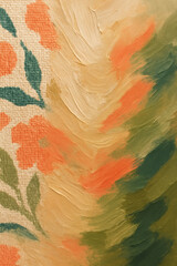 Fototapeta premium Floral Painting Texture: A close-up showcasing peach blooms and green leaves contrasted with textured brushstrokes in beige and olive hues.