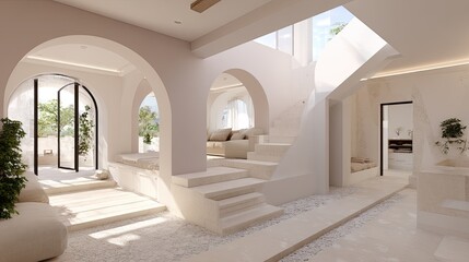Light-filled, open-plan interior with arches and steps
