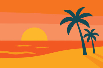 A beautiful sunset over the ocean with palm trees on a sandy beach, creating a tropical scene.