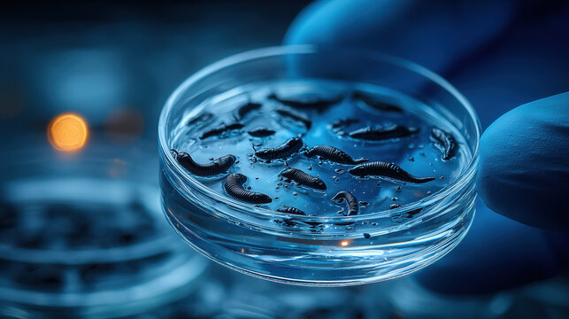 Ultra realistic macro photo of black medicinal leeches in petri dish, showcasing their unique shapes and textures in laboratory setting. image evokes curiosity and fascination