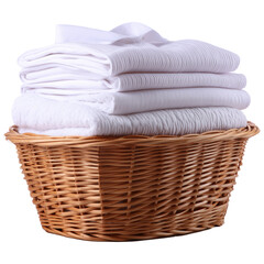 Basket filled with neatly folded white clothes, including shirts and towels, creates clean and organized appearance. soft textures and bright colors evoke sense of freshness and comfort