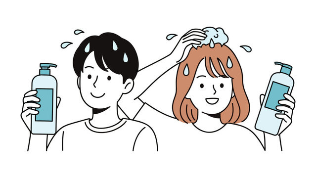 Young man and woman happily holding shampoo bottles and washing hair in a fun hand drawn illustration style