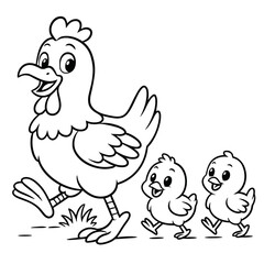 Obraz premium Hen walking with two chicks in a coloring page concept 