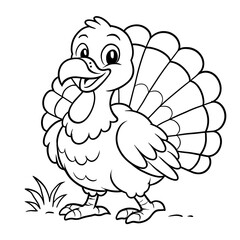 Happy turkey cartoon character smiling in a playful coloring page concept  