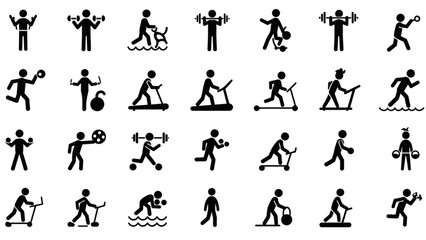Obraz premium Fitness and Wellness Icon Set – Black Solid Silhouette Figures in Yoga, Swimming, Weightlifting, Treadmill, and Exercise Poses